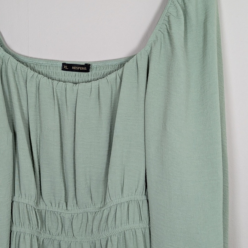 Hesperus Sage Green Textured Smocked Waist Long Sleeve Mini Dress XL Flowy Airy